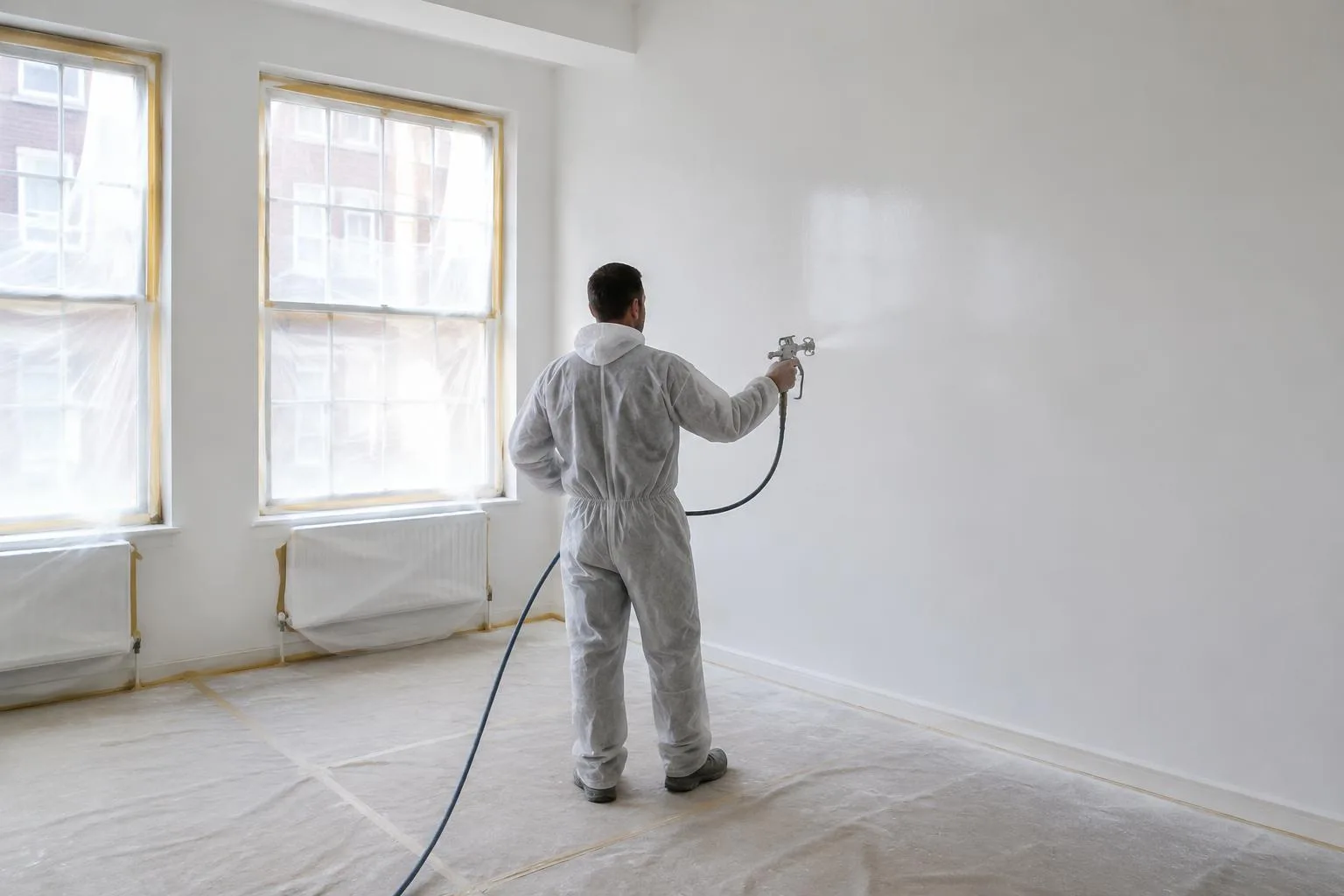 Decorator using an airless sprayer on a large masked interior wall