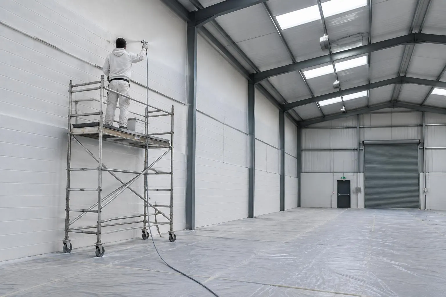Decorator seen from behind on a scaffold tower spraying the high wall of an empty warehouse