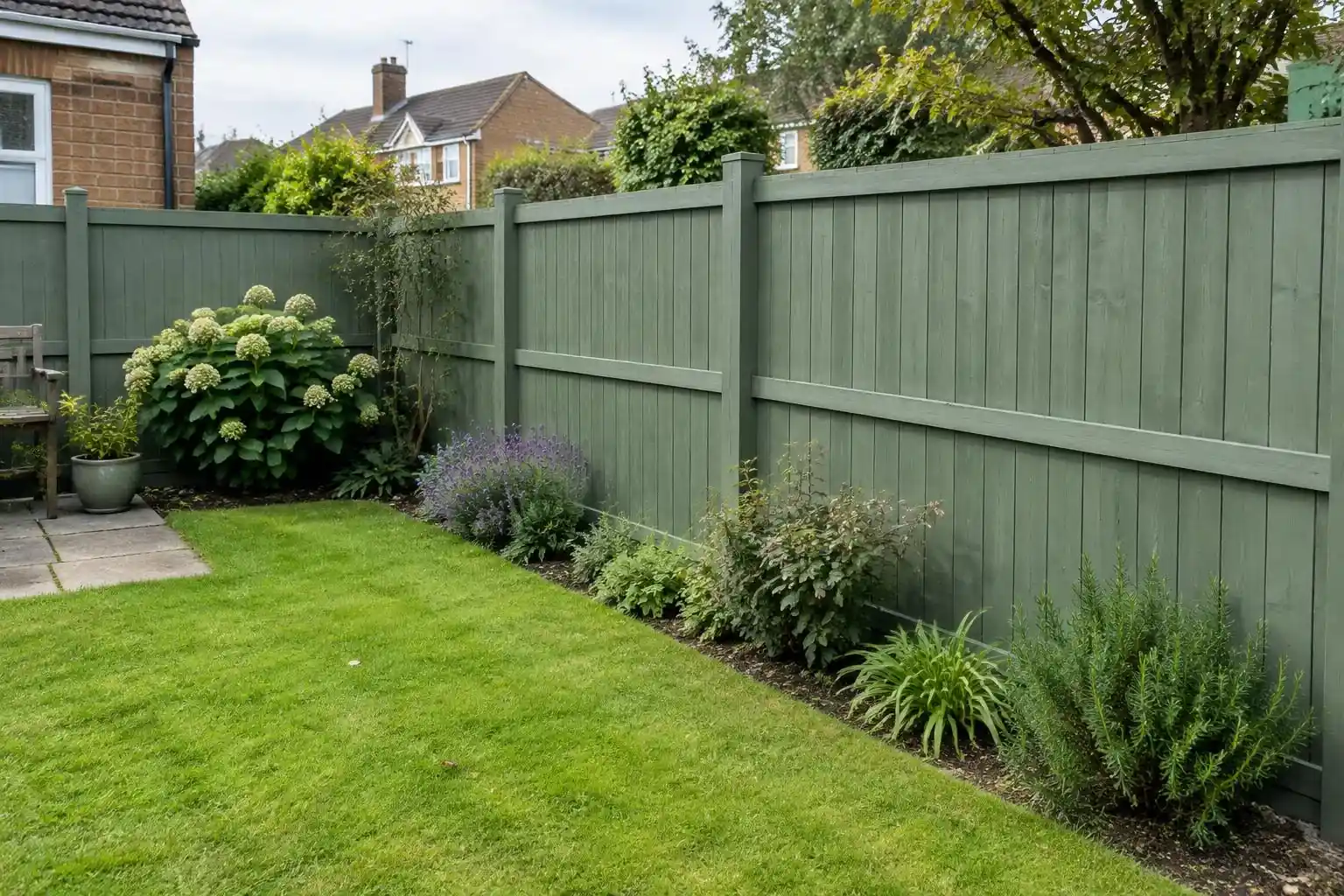 Painted green timber fence in a suburban garden