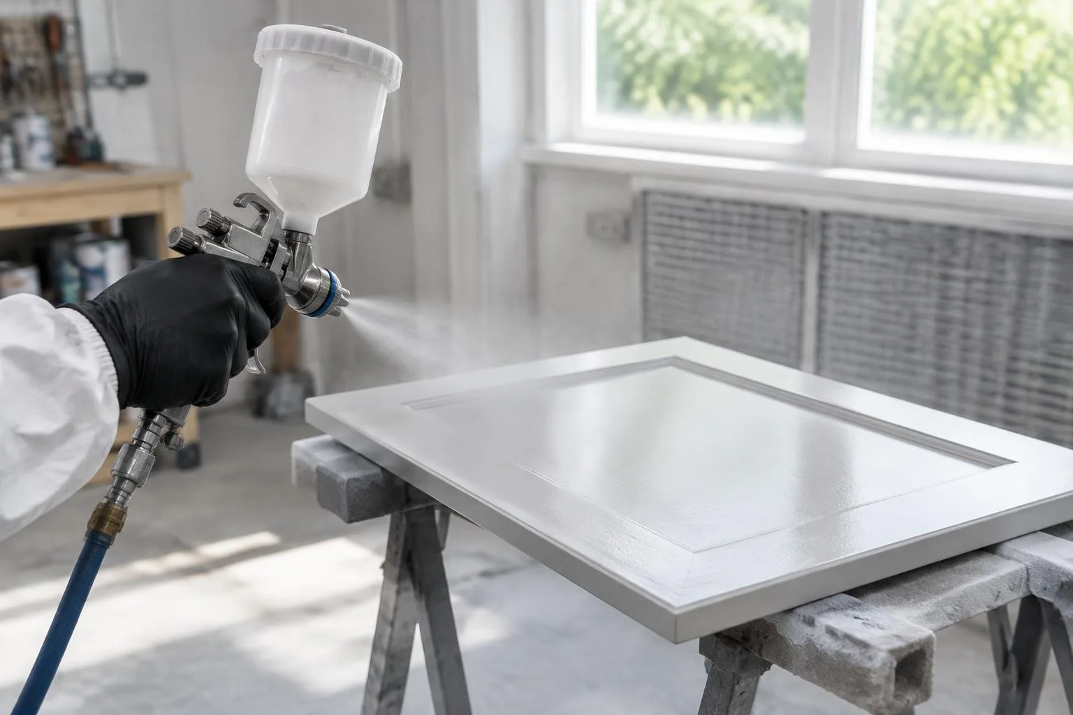 Gloved hand using an HVLP gun to coat a cabinet door