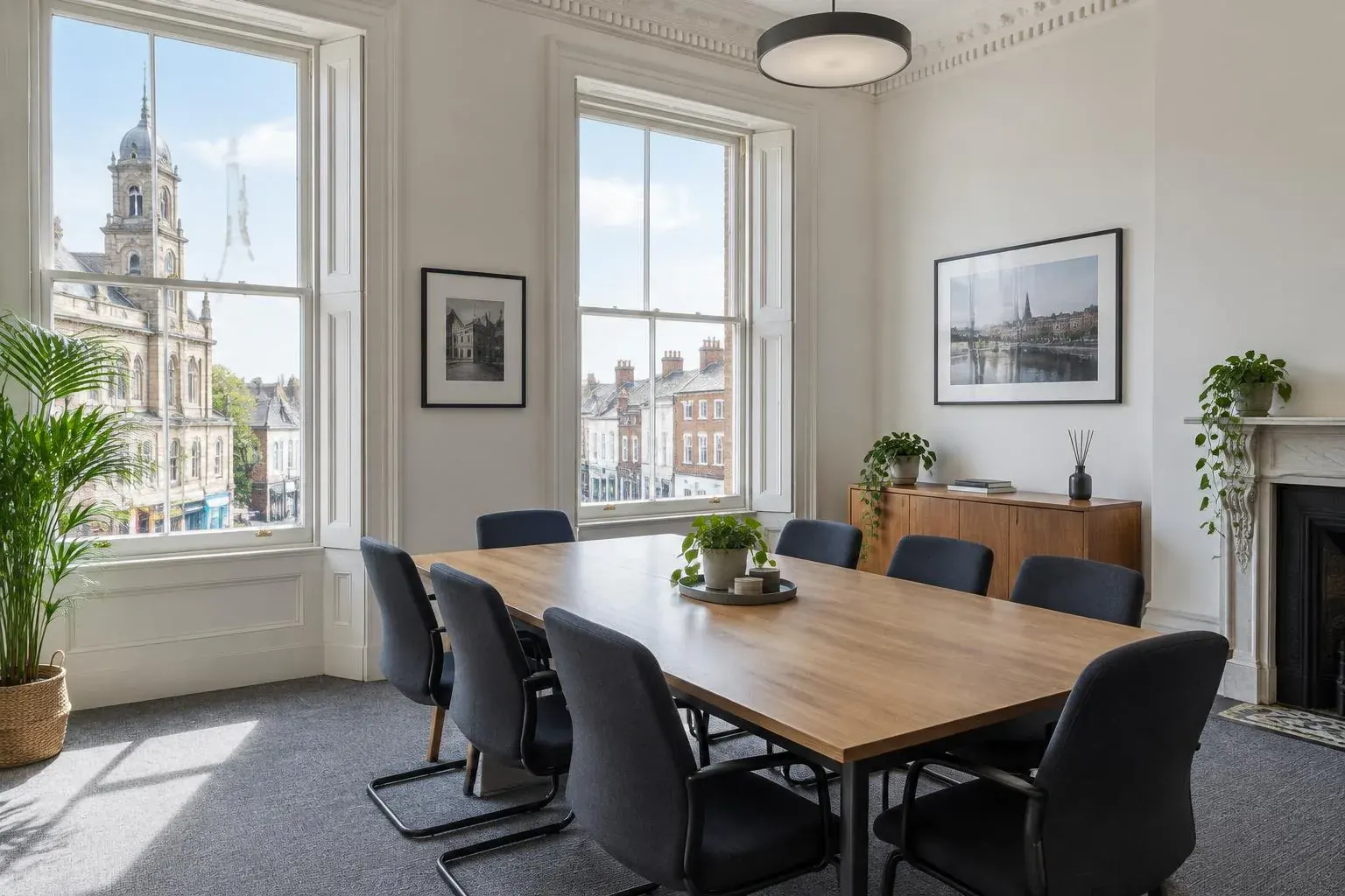 Meeting room with tall sash windows, table and chairs